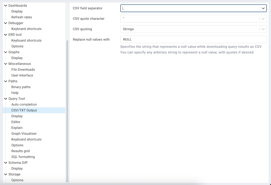 Preferences sqleditor csv output option