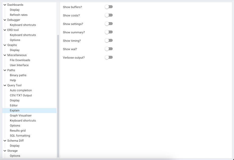 Preferences sqleditor explain options