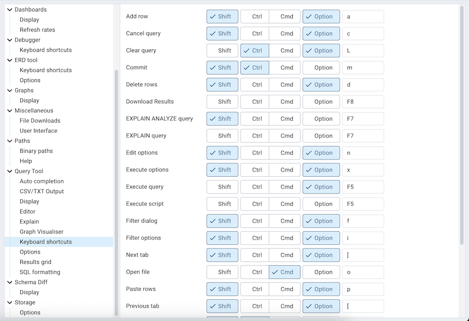Preferences sql keyboard shortcuts section