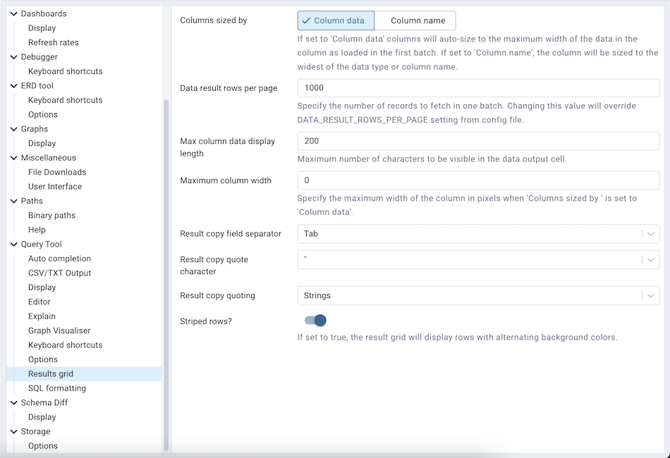 Preferences sql results grid section