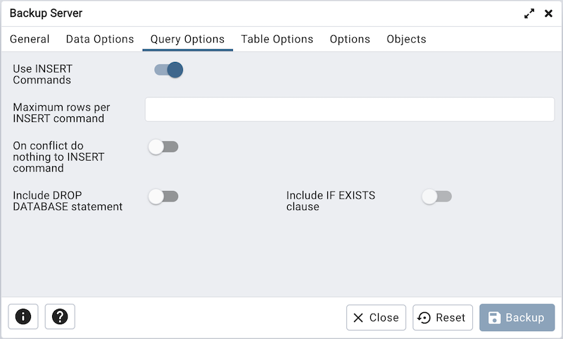 Queries option on backup server dialog