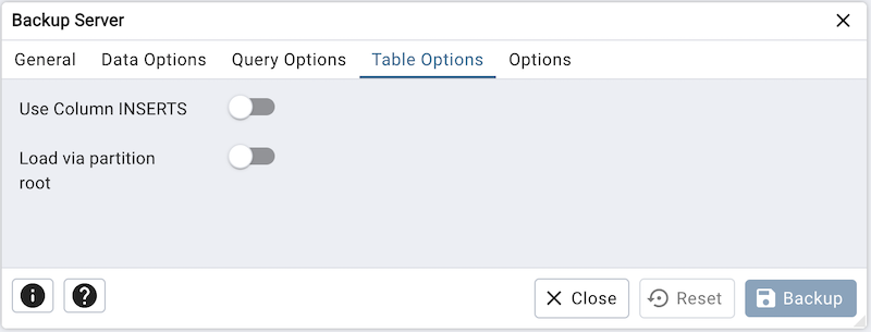 Backup dialog tables section