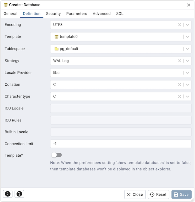 Database dialog definition tab