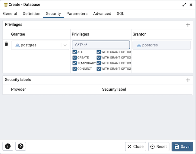 Database dialog security tab