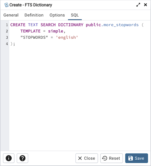 FTS dictionary dialog sql tab