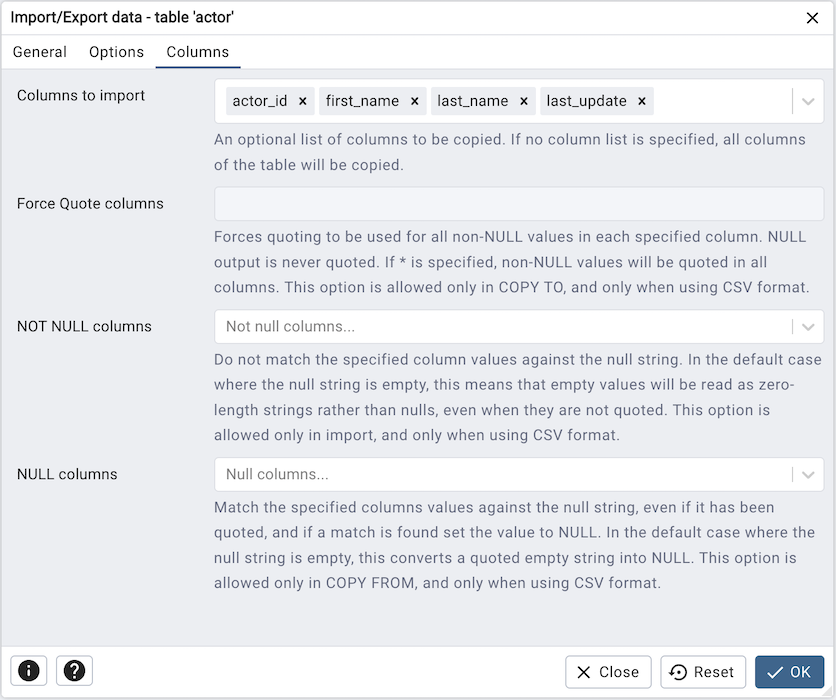 Import Export data dialog columns tab