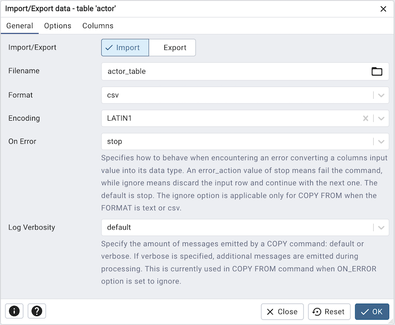 Import Export data dialog general tab