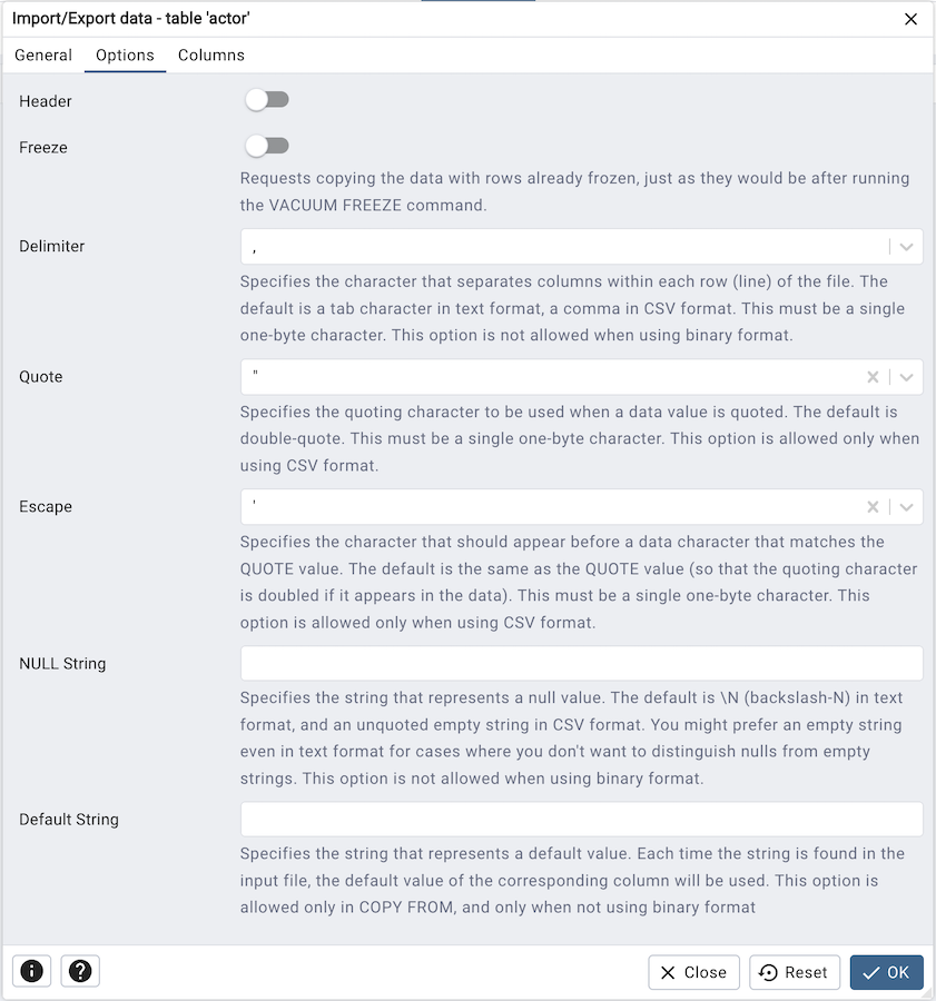 Import Export data dialog options tab