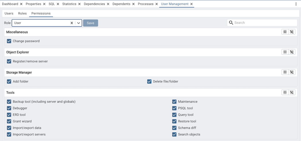 pgAdmin permissions management window