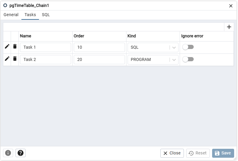 pgTimeTable chain dialog tasks tab