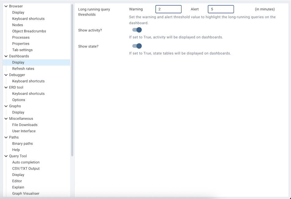 Preferences dialog dashboard display options