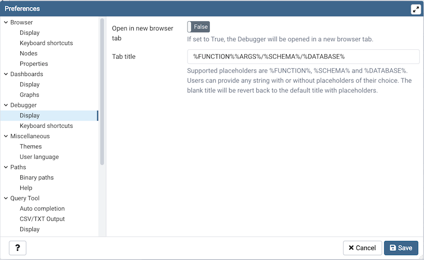 Preferences dialog debugger display options