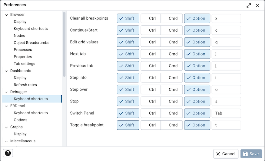 Preferences dialog debugger keyboard shortcuts section