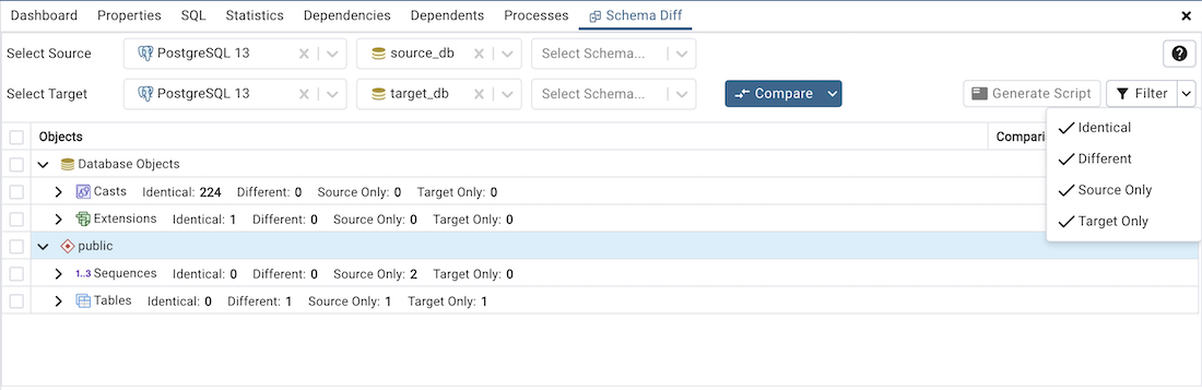 Schema diff filter option