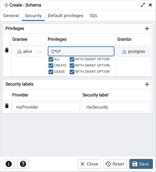 Schema dialog security tab